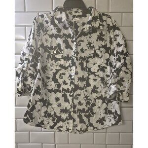 CROFT & BARROW Woman's Large SHACKET Black White Floral Button Up Stretch
